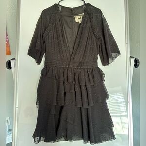 The Jetset Diaries Gray Ruffled Tiered Sundress with Plunge Neckline